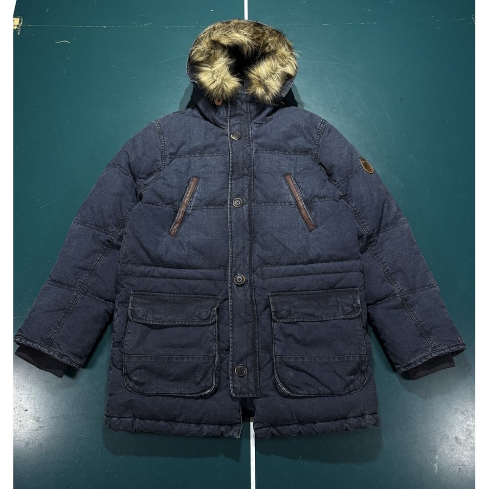 Tommy Hilfiger Denim Down Puffer Parka Jacket Men's L Indigo Blue Faux Fur Hood